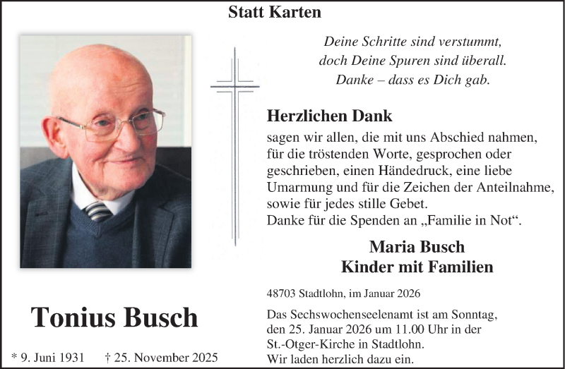  Traueranzeige für Tonius Busch vom 21.01.2026 aus Westfälische Nachrichten