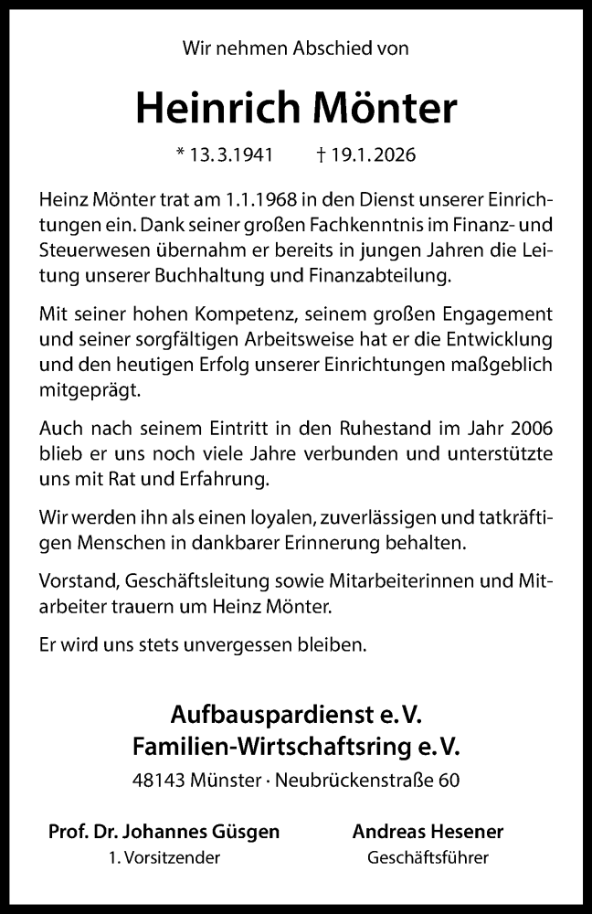  Traueranzeige für Heinrich Mönter vom 24.01.2026 aus 
