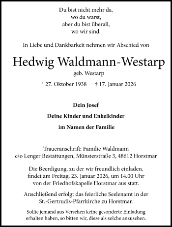Anzeige von Hedwig Waldmann-Westarp 
