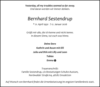 Anzeige von Bernhard Sestendrup 
