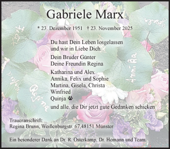 Anzeige von Gabriele Marx 