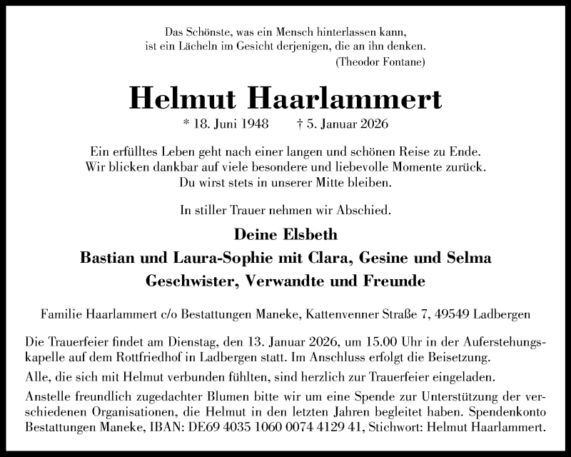  Traueranzeige für Helmut Haarlammert vom 10.01.2026 aus 