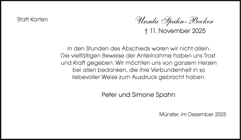  Traueranzeige für Ursula Spahn-Becker vom 13.12.2025 aus 