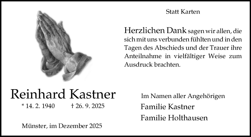  Traueranzeige für Reinhard Kastner vom 06.12.2025 aus 