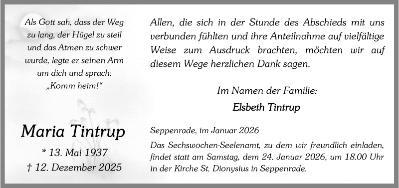  Traueranzeige für Maria Tintrup vom 17.01.2026 aus 