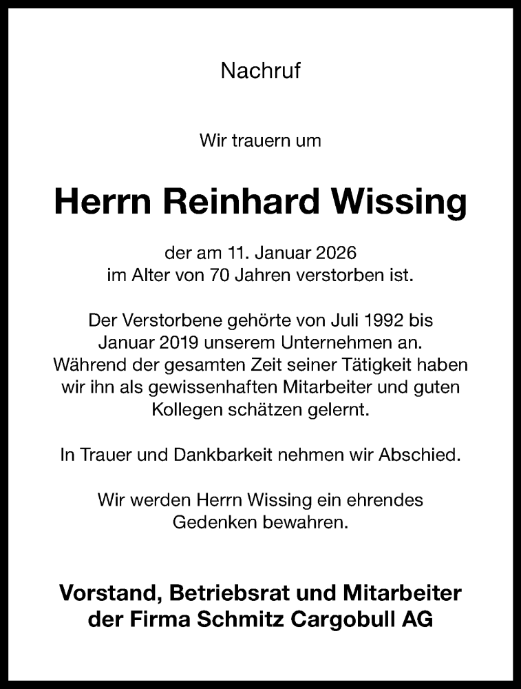  Traueranzeige für Reinhard Wissing vom 17.01.2026 aus 