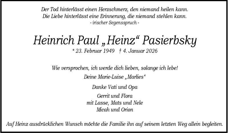  Traueranzeige für Heinrich Paul Pasierbsky vom 10.01.2026 aus 