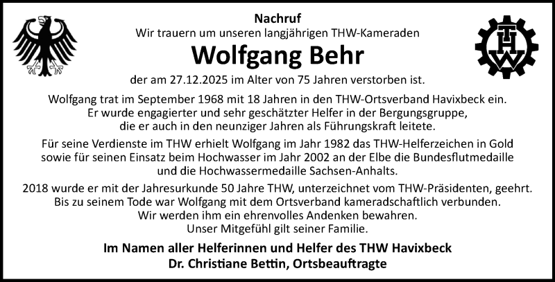  Traueranzeige für Wolfgang Behr vom 10.01.2026 aus 