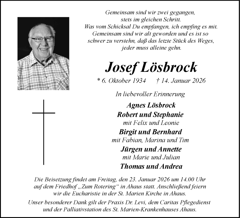  Traueranzeige für Josef Lösbrock vom 20.01.2026 aus 
