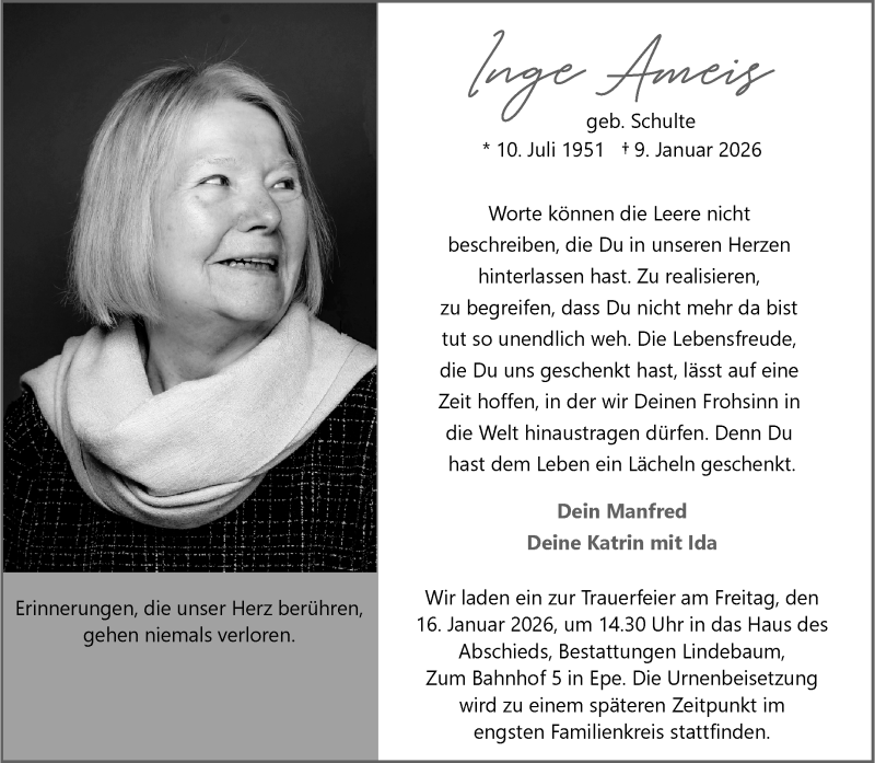  Traueranzeige für Inge Ameis vom 14.01.2026 aus 