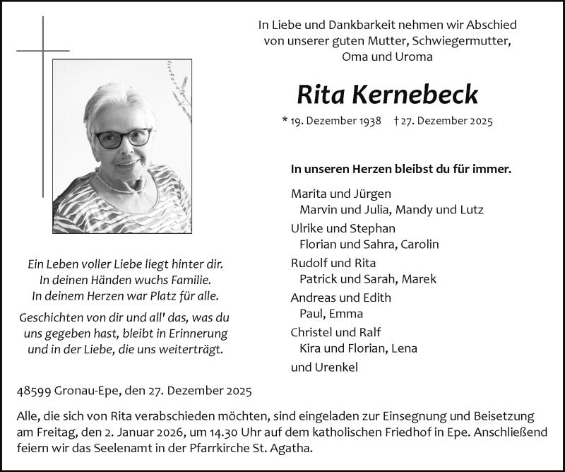  Traueranzeige für Rita Kernebeck vom 31.12.2025 aus 