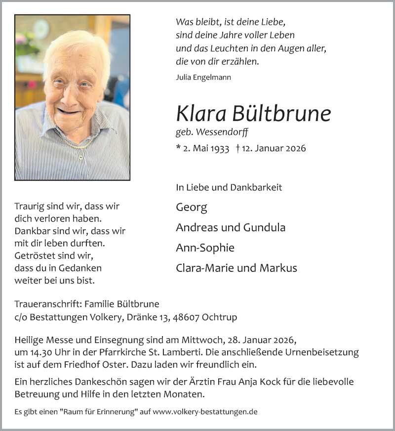  Traueranzeige für Klara Bültbrune vom 16.01.2026 aus 