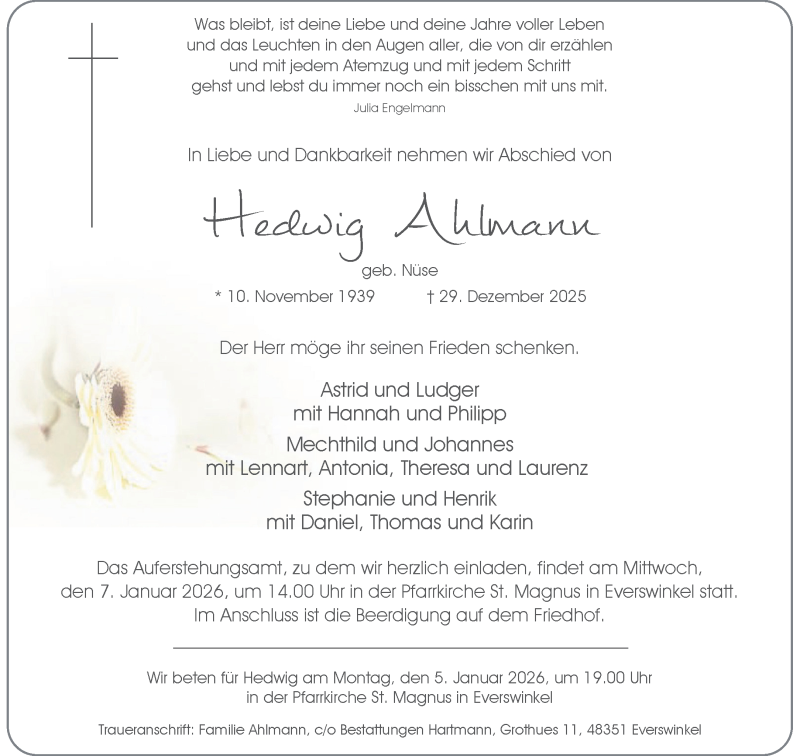  Traueranzeige für Hedwig Ahlmann vom 03.01.2026 aus 