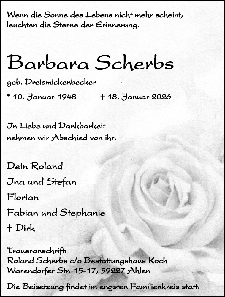  Traueranzeige für Barbara Scherbs vom 24.01.2026 aus 