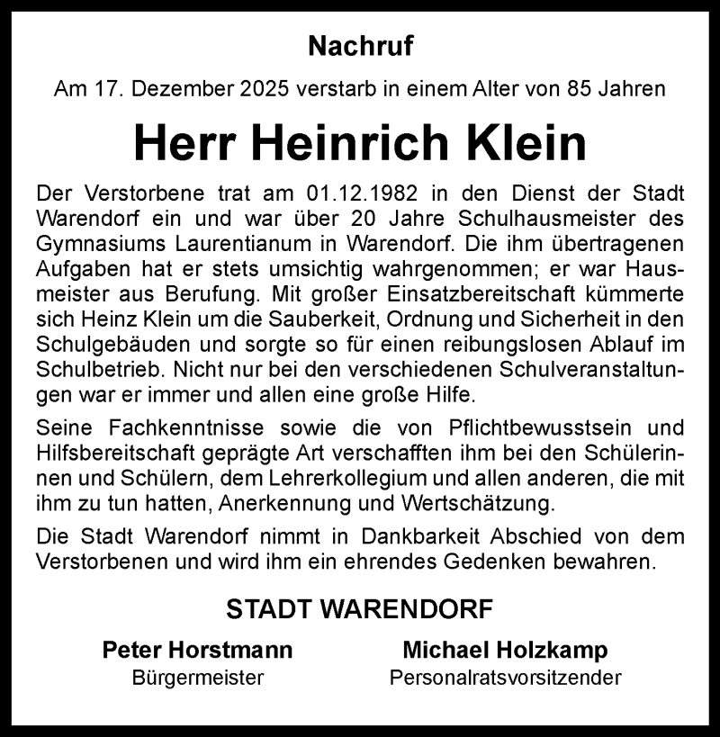  Traueranzeige für Heinrich Klein vom 24.01.2026 aus 