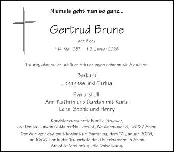 Anzeige von Gertrud Brune 