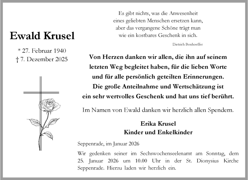  Traueranzeige für Ewald Krusel vom 17.01.2026 aus 