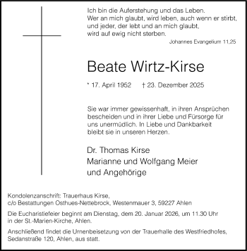 Anzeige von Beate Wirtz-Kirse 