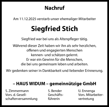 Anzeige von Siegfried Stich 