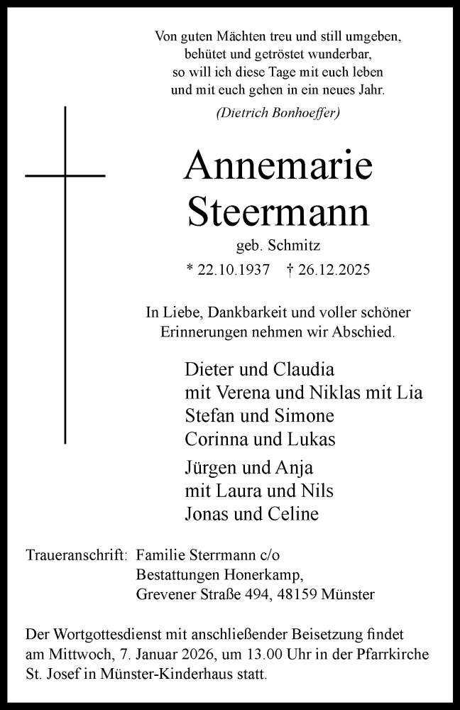  Traueranzeige für Annemarie Steermann vom 31.12.2025 aus 