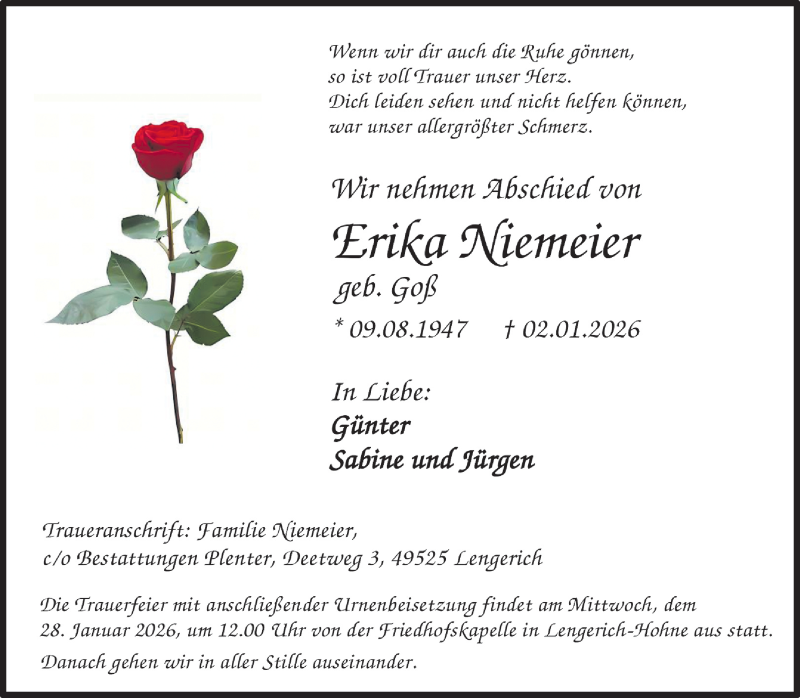  Traueranzeige für Erika Niemeier vom 17.01.2026 aus 