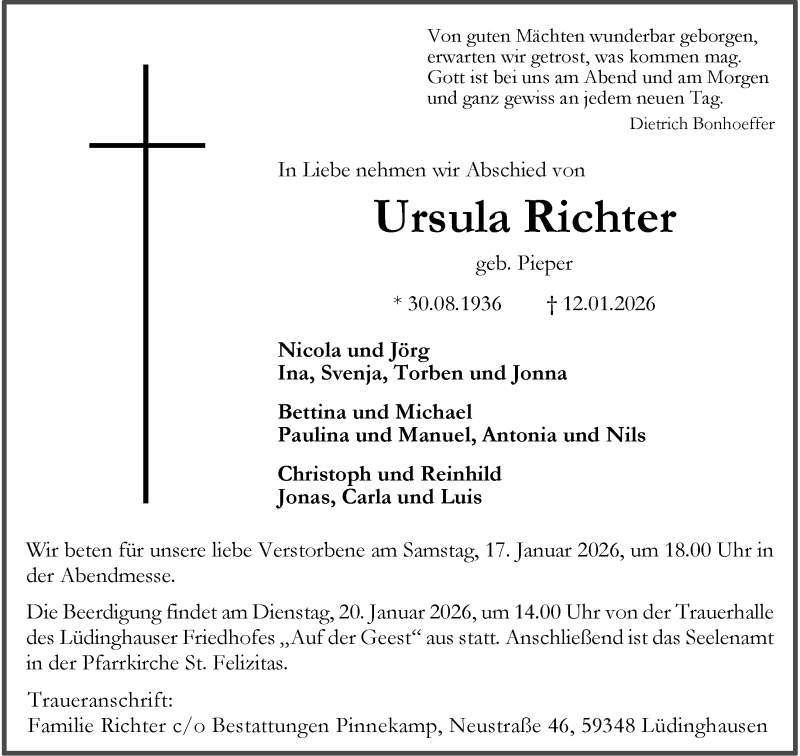  Traueranzeige für Ursula Richter vom 16.01.2026 aus 