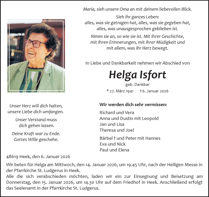  Traueranzeige für Helga Isfort vom 10.01.2026 aus 