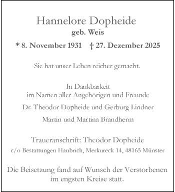 Anzeige von Hannelore Dopheide 