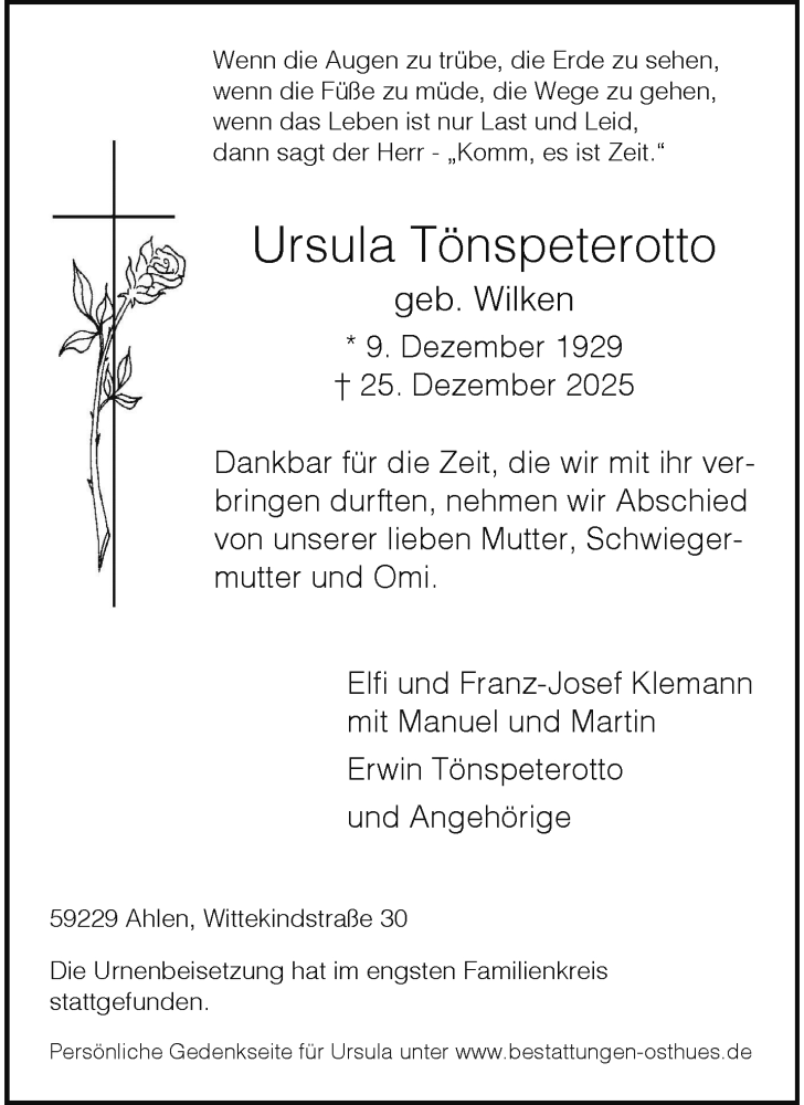  Traueranzeige für Ursula Tönspeterotto vom 14.01.2026 aus 