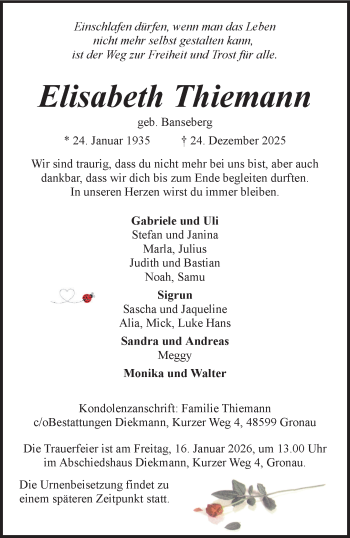 Anzeige von Elisabeth Thiemann 