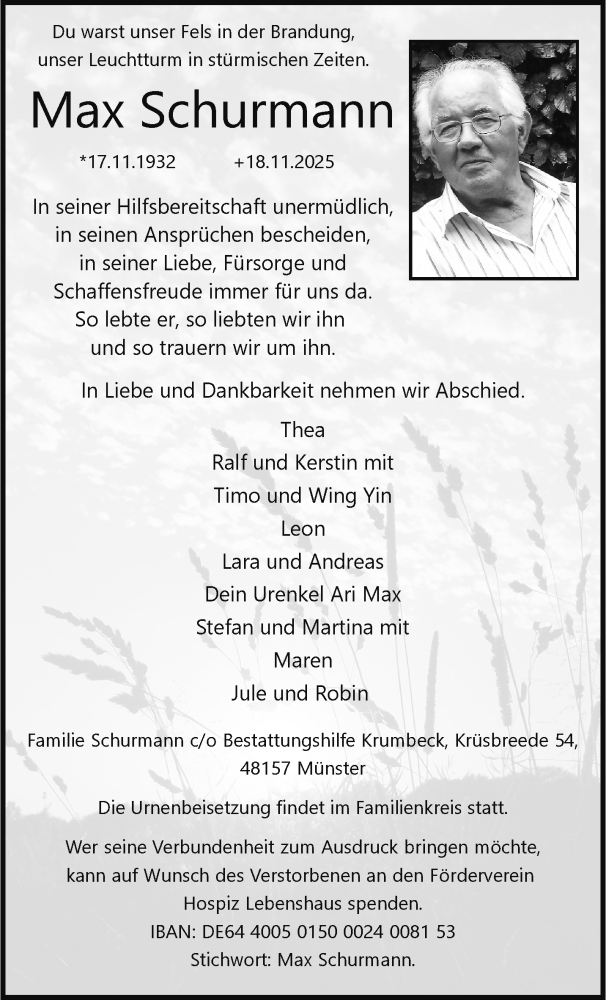  Traueranzeige für Max Schurmann vom 29.11.2025 aus 