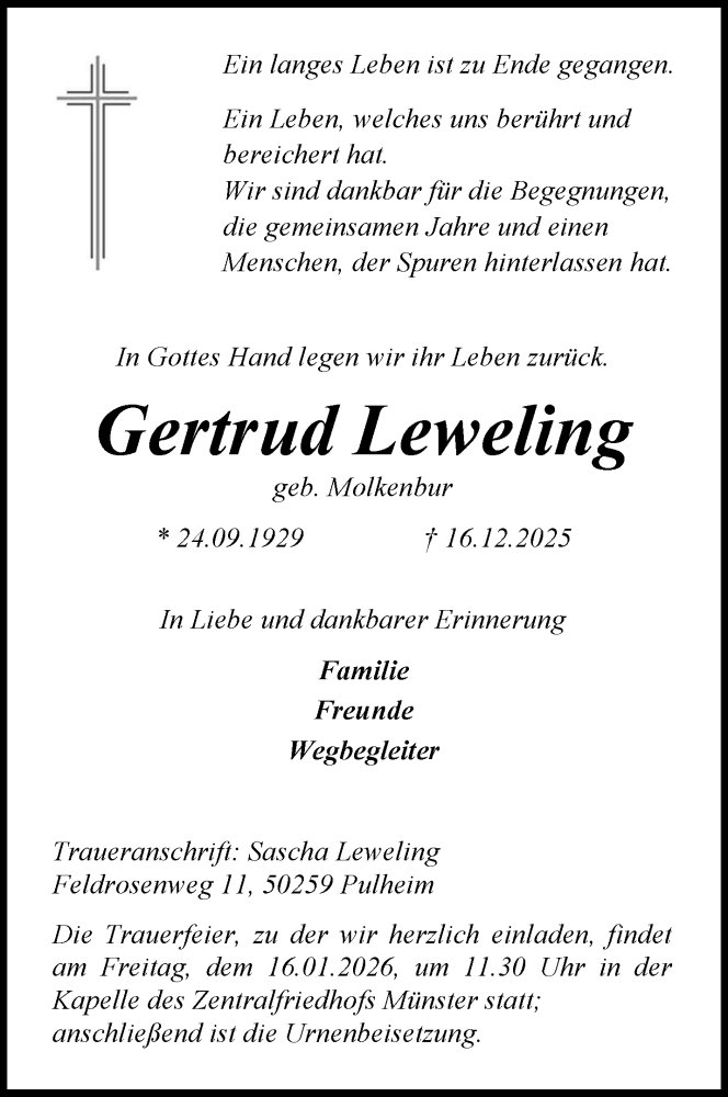  Traueranzeige für Gertrud Leweling vom 20.12.2025 aus 