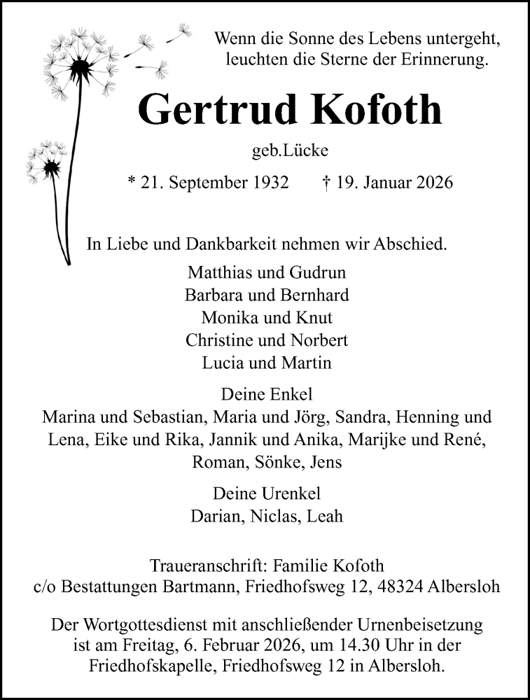  Traueranzeige für Gertrud Kofoth vom 24.01.2026 aus 