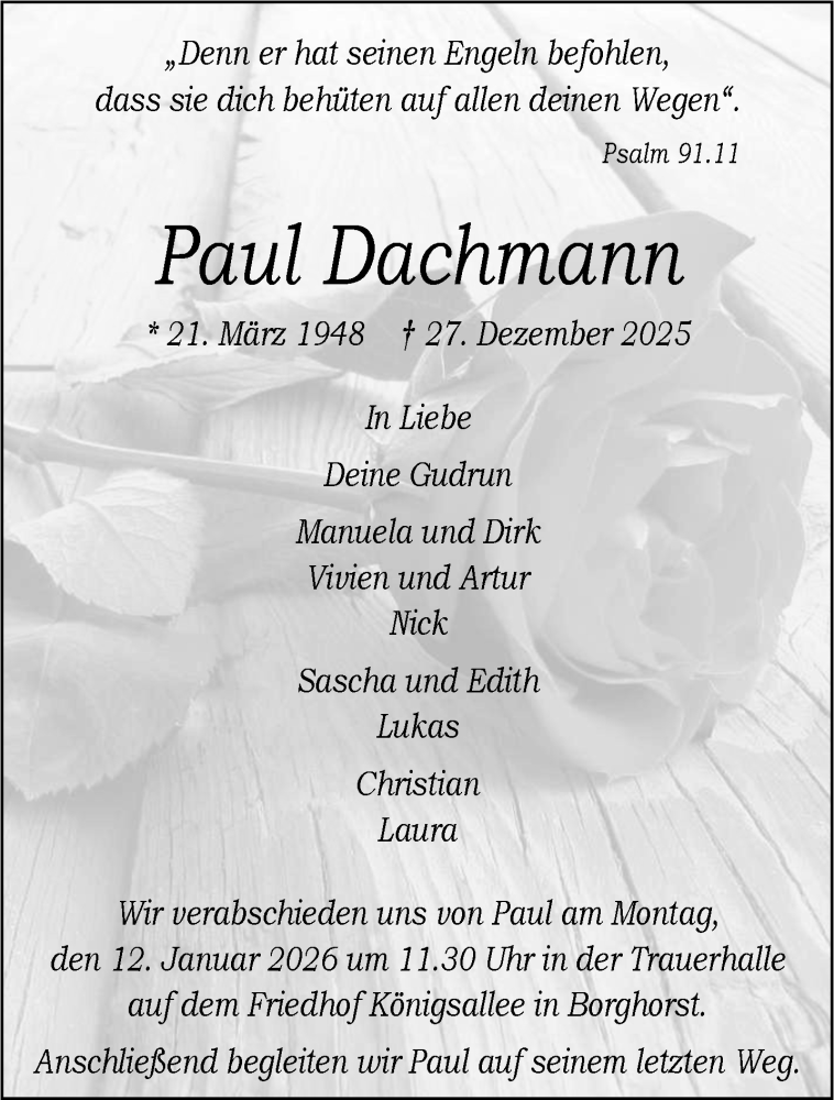  Traueranzeige für Paul Dachmann vom 03.01.2026 aus 