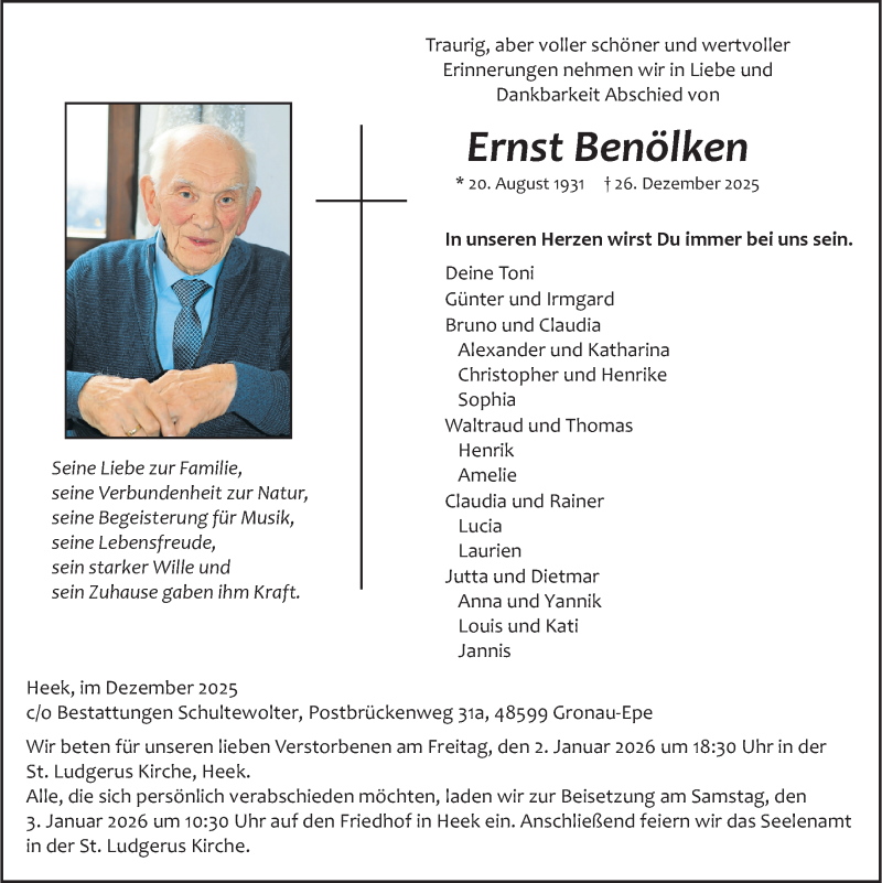  Traueranzeige für Ernst Benölken vom 31.12.2025 aus 