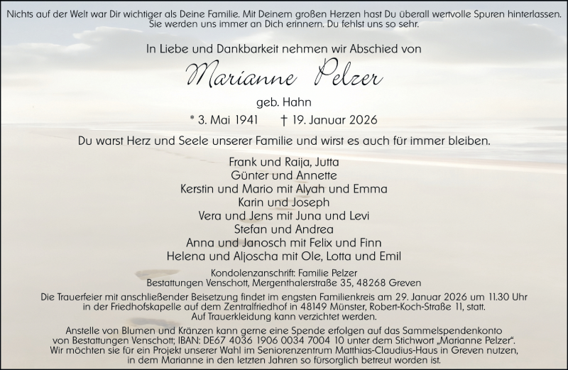  Traueranzeige für Marianne Pelzer vom 24.01.2026 aus 