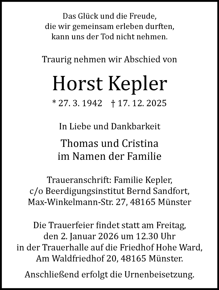  Traueranzeige für Horst Kepler vom 31.12.2025 aus 