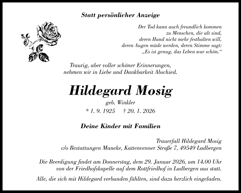  Traueranzeige für Hildegard Mosig vom 24.01.2026 aus 