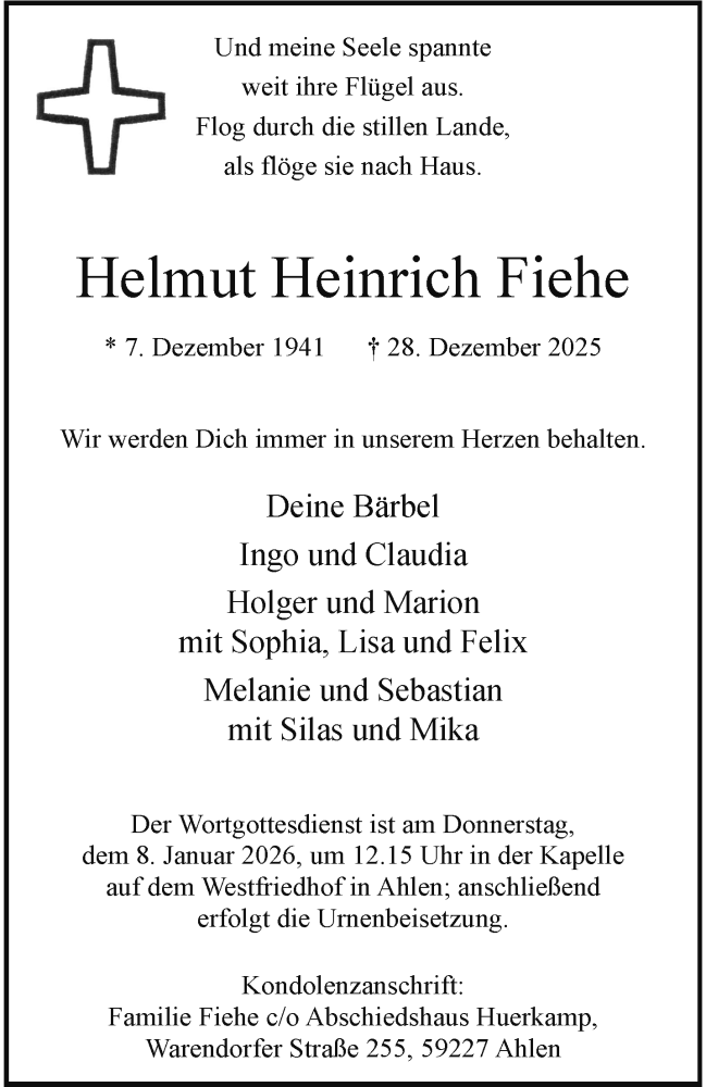  Traueranzeige für Helmut Heinrich Fiehe vom 03.01.2026 aus 