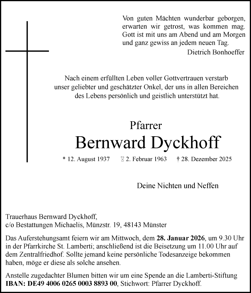  Traueranzeige für Bernward Dyckhoff vom 12.01.2026 aus 