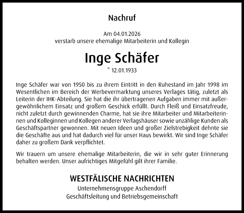  Traueranzeige für Inge Schäfer vom 14.01.2026 aus 