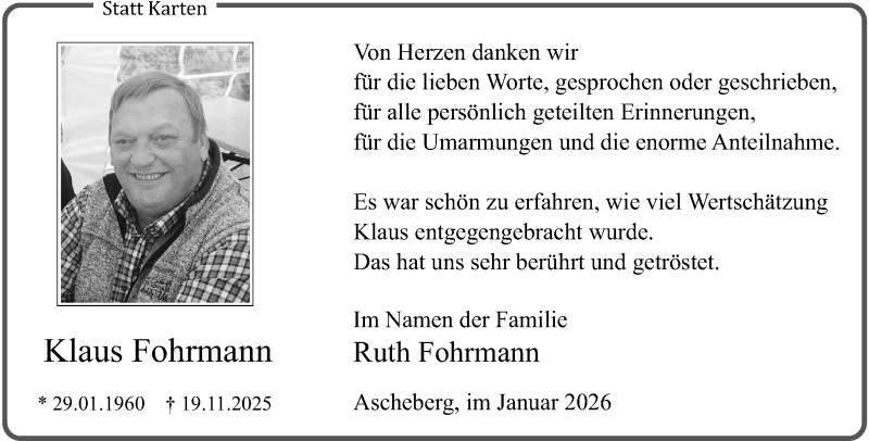  Traueranzeige für Klaus Fohrmann vom 03.01.2026 aus 