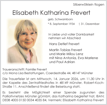 Anzeige von Elisabeth Katharina Frevert 