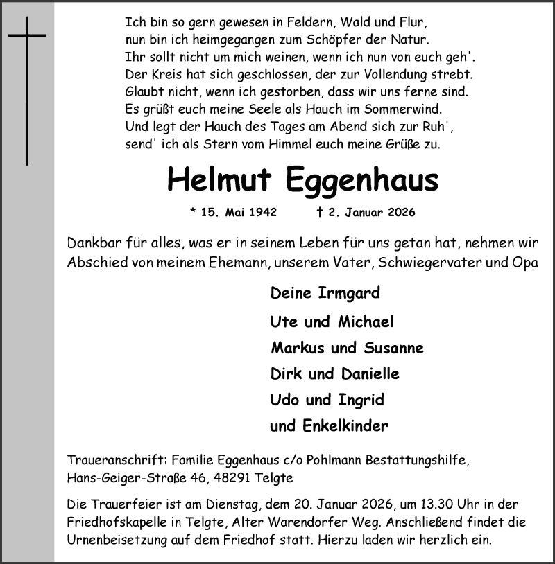  Traueranzeige für Helmut Eggenhaus vom 17.01.2026 aus 