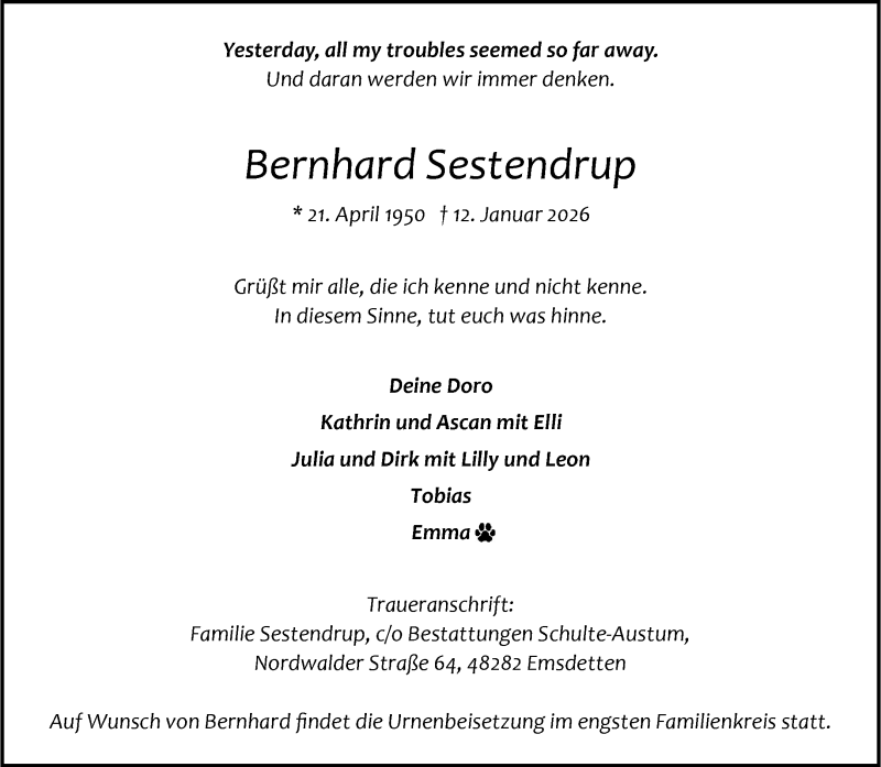  Traueranzeige für Bernhard Sestendrup vom 17.01.2026 aus 