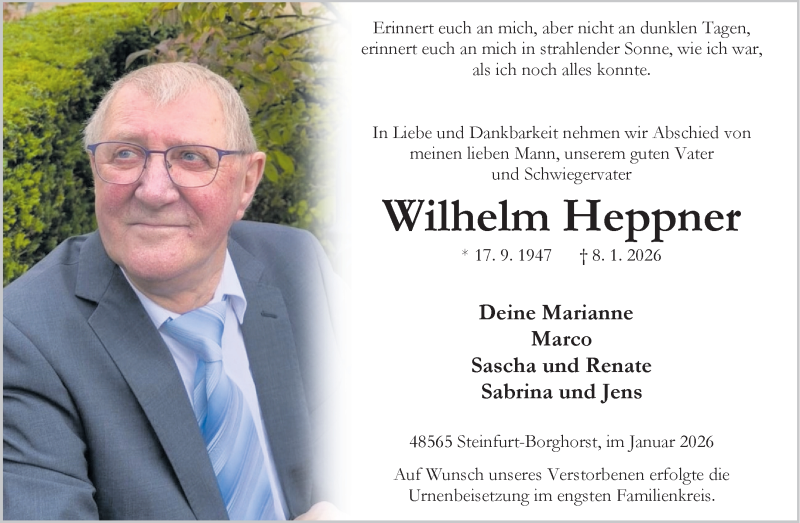  Traueranzeige für Wilhelm Heppner vom 24.01.2026 aus 