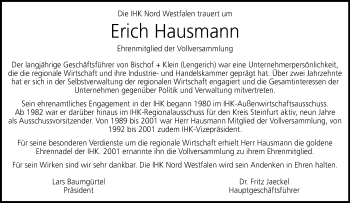 Anzeige von Erich Hausmann 