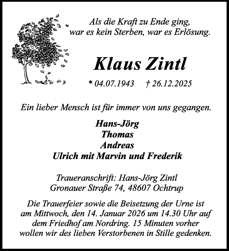  Traueranzeige für Klaus Zintl vom 09.01.2026 aus 