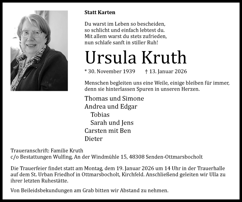  Traueranzeige für Ursula Kruth vom 17.01.2026 aus 