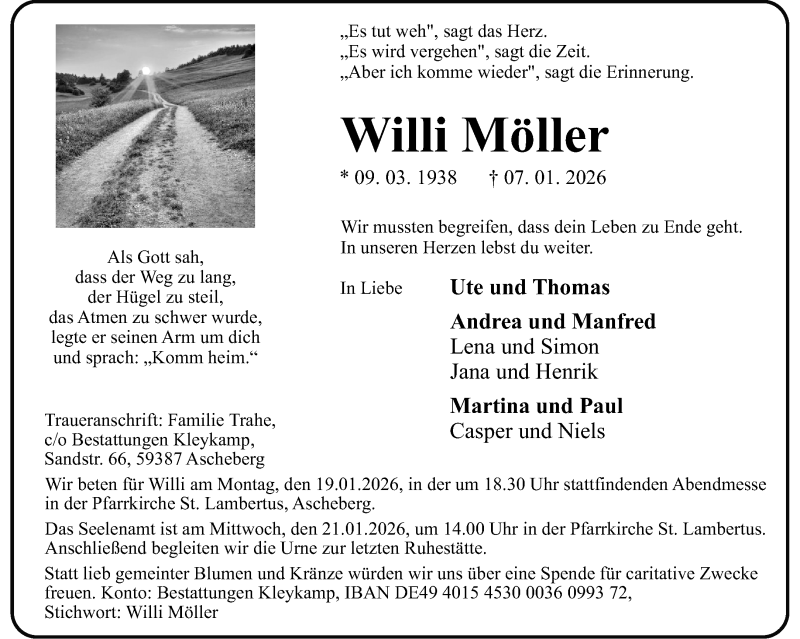  Traueranzeige für Willi Möller vom 14.01.2026 aus 